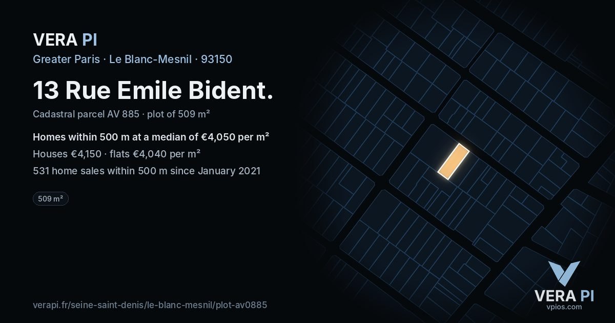13 Rue Emile Bident, Le Blanc-Mesnil at night – the plot lit, the parcels around coloured by the prices near them