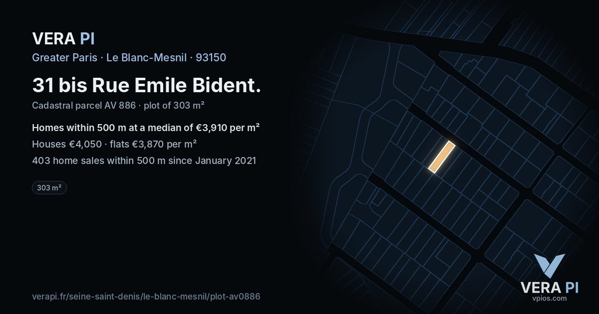 31 bis Rue Emile Bident, Le Blanc-Mesnil at night – the plot lit, the parcels around coloured by the prices near them
