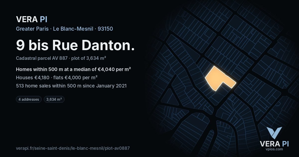 9 bis Rue Danton, Le Blanc-Mesnil at night – the plot lit, the parcels around coloured by the prices near them
