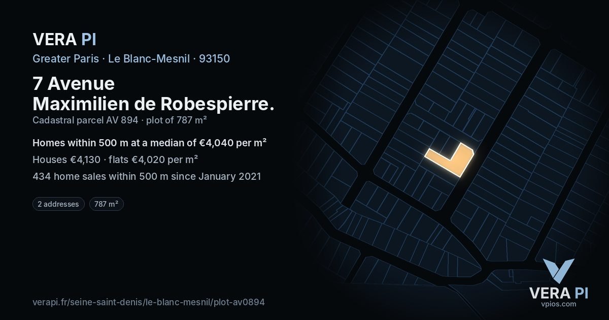 7 Avenue Maximilien de Robespierre, Le Blanc-Mesnil at night – the plot lit, the parcels around coloured by the prices near them