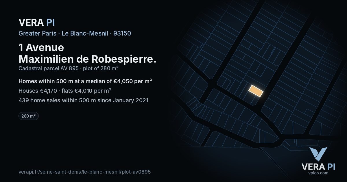 1 Avenue Maximilien de Robespierre, Le Blanc-Mesnil at night – the plot lit, the parcels around coloured by the prices near them