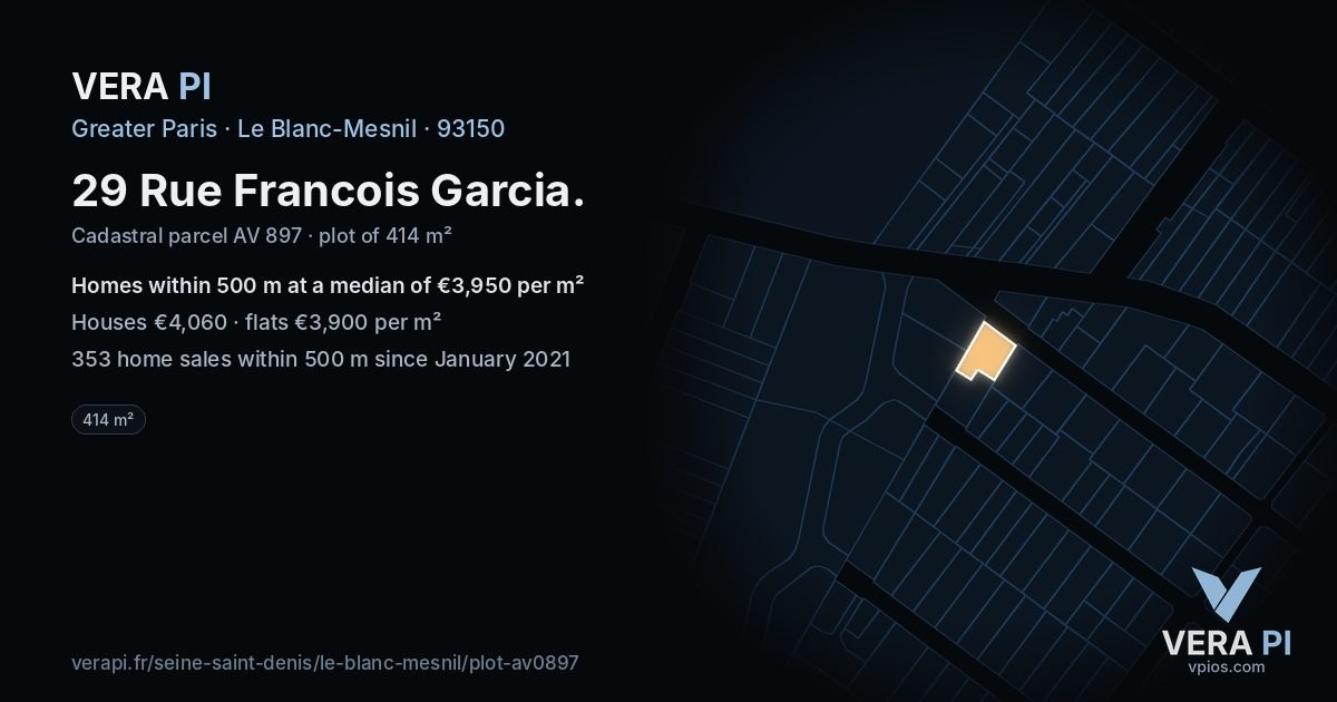 29 Rue Francois Garcia, Le Blanc-Mesnil at night – the plot lit, the parcels around coloured by the prices near them