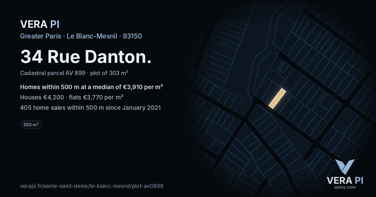 34 Rue Danton, Le Blanc-Mesnil at night – the plot lit, the parcels around coloured by the prices near them
