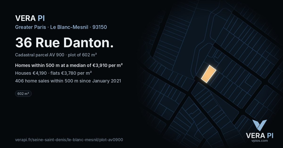 36 Rue Danton, Le Blanc-Mesnil at night – the plot lit, the parcels around coloured by the prices near them