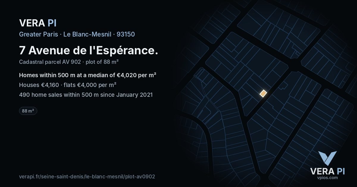 7 Avenue de l'Espérance, Le Blanc-Mesnil at night – the plot lit, the parcels around coloured by the prices near them
