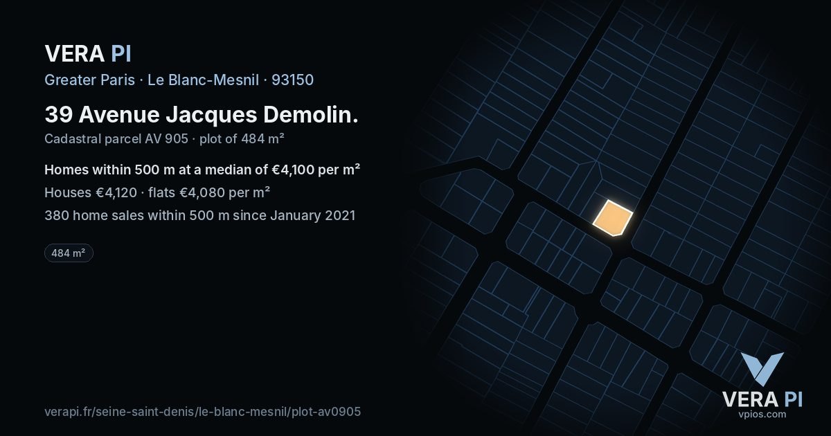 39 Avenue Jacques Demolin, Le Blanc-Mesnil at night – the plot lit, the parcels around coloured by the prices near them