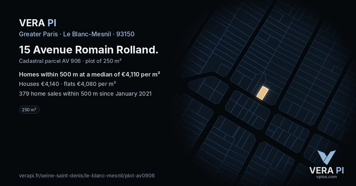 15 Avenue Romain Rolland, Le Blanc-Mesnil at night – the plot lit, the parcels around coloured by the prices near them