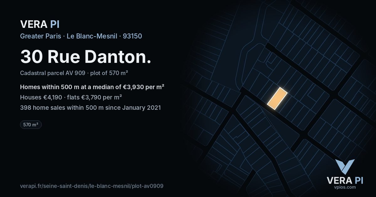 30 Rue Danton, Le Blanc-Mesnil at night – the plot lit, the parcels around coloured by the prices near them