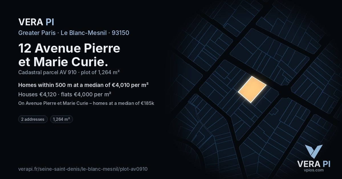 12 Avenue Pierre et Marie Curie, Le Blanc-Mesnil at night – the plot lit, the parcels around coloured by the prices near them