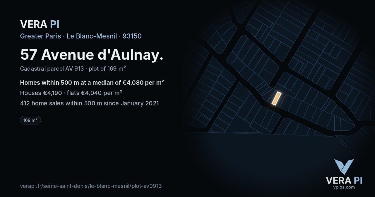 57 Avenue d'Aulnay, Le Blanc-Mesnil at night – the plot lit, the parcels around coloured by the prices near them
