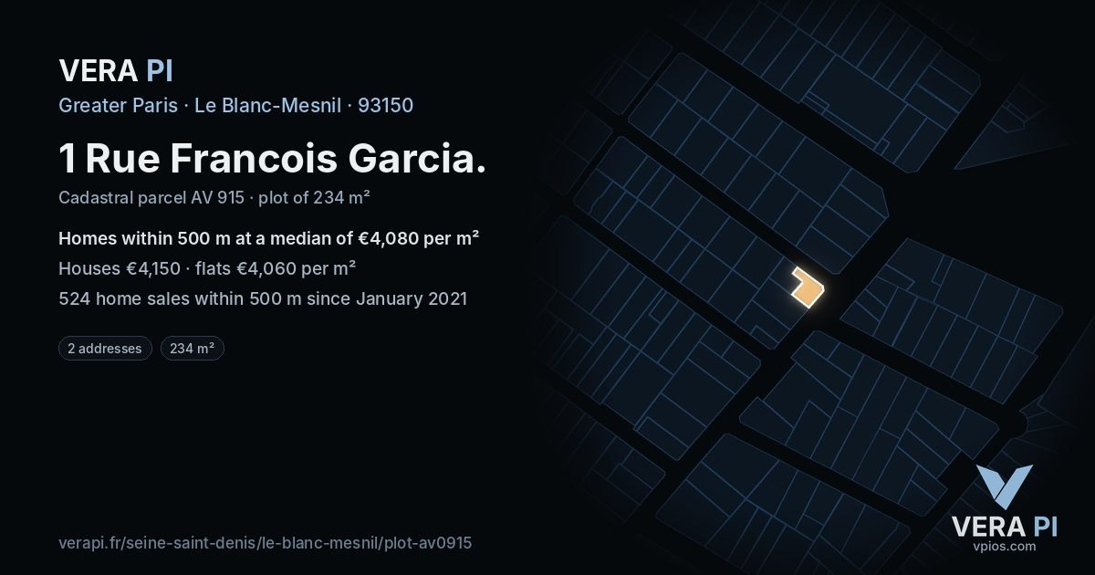 1 Rue Francois Garcia, Le Blanc-Mesnil at night – the plot lit, the parcels around coloured by the prices near them