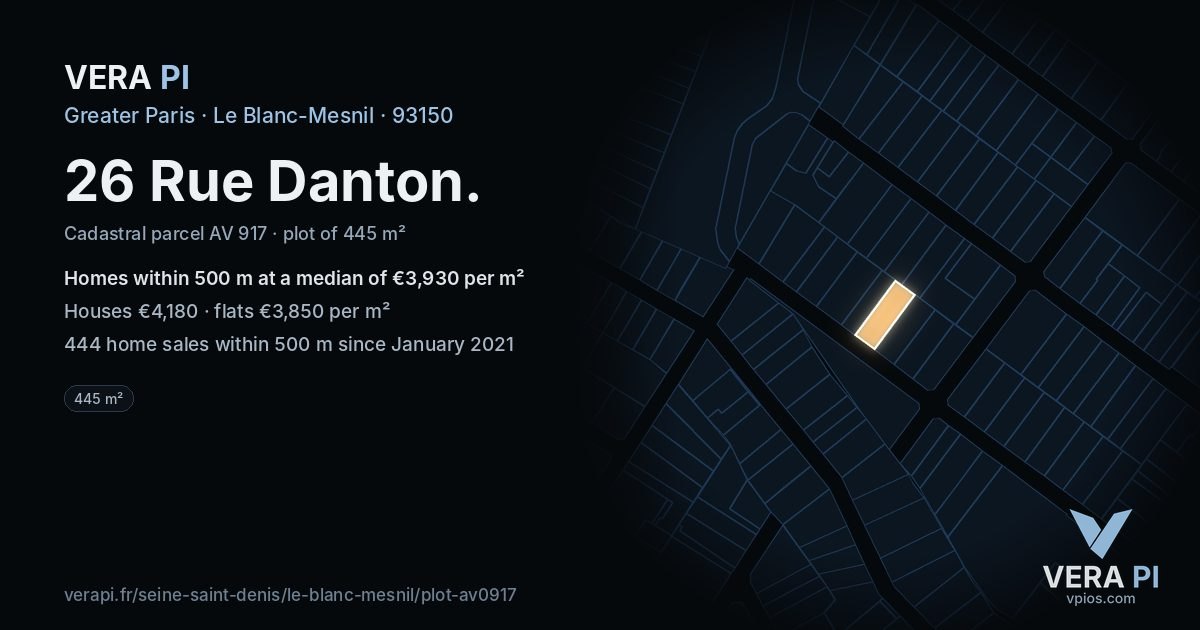 26 Rue Danton, Le Blanc-Mesnil at night – the plot lit, the parcels around coloured by the prices near them