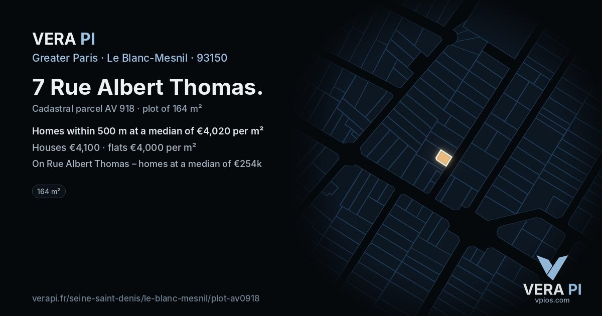 7 Rue Albert Thomas, Le Blanc-Mesnil at night – the plot lit, the parcels around coloured by the prices near them