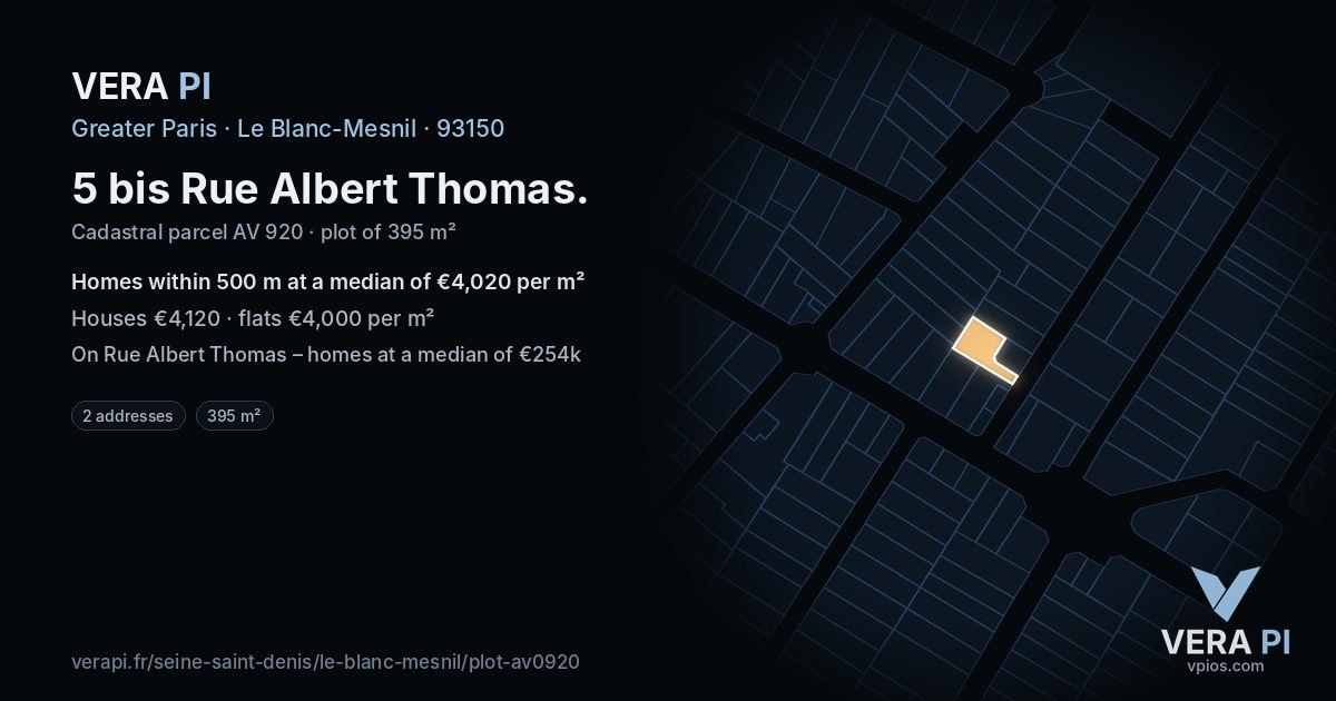 5 bis Rue Albert Thomas, Le Blanc-Mesnil at night – the plot lit, the parcels around coloured by the prices near them