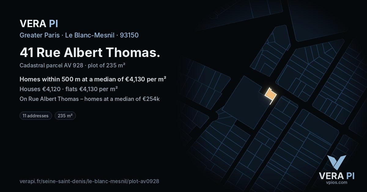 41 Rue Albert Thomas, Le Blanc-Mesnil at night – the plot lit, the parcels around coloured by the prices near them