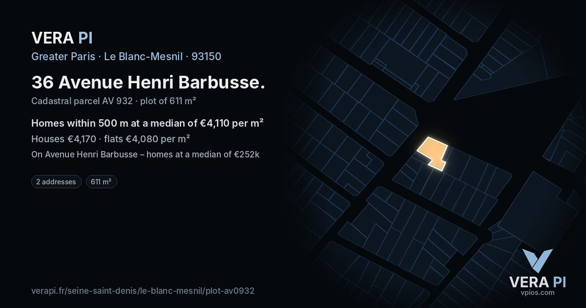 36 Avenue Henri Barbusse, Le Blanc-Mesnil at night – the plot lit, the parcels around coloured by the prices near them