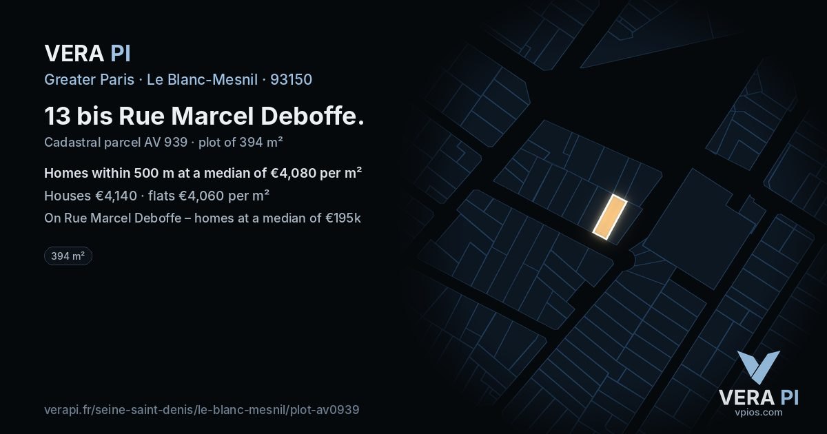 13 bis Rue Marcel Deboffe, Le Blanc-Mesnil at night – the plot lit, the parcels around coloured by the prices near them