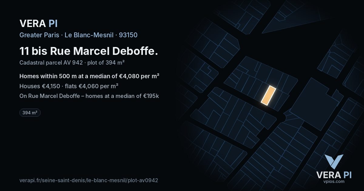 11 bis Rue Marcel Deboffe, Le Blanc-Mesnil at night – the plot lit, the parcels around coloured by the prices near them