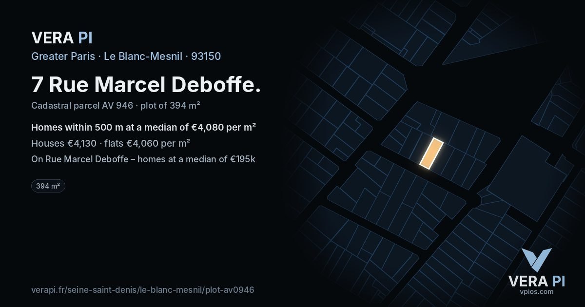7 Rue Marcel Deboffe, Le Blanc-Mesnil at night – the plot lit, the parcels around coloured by the prices near them