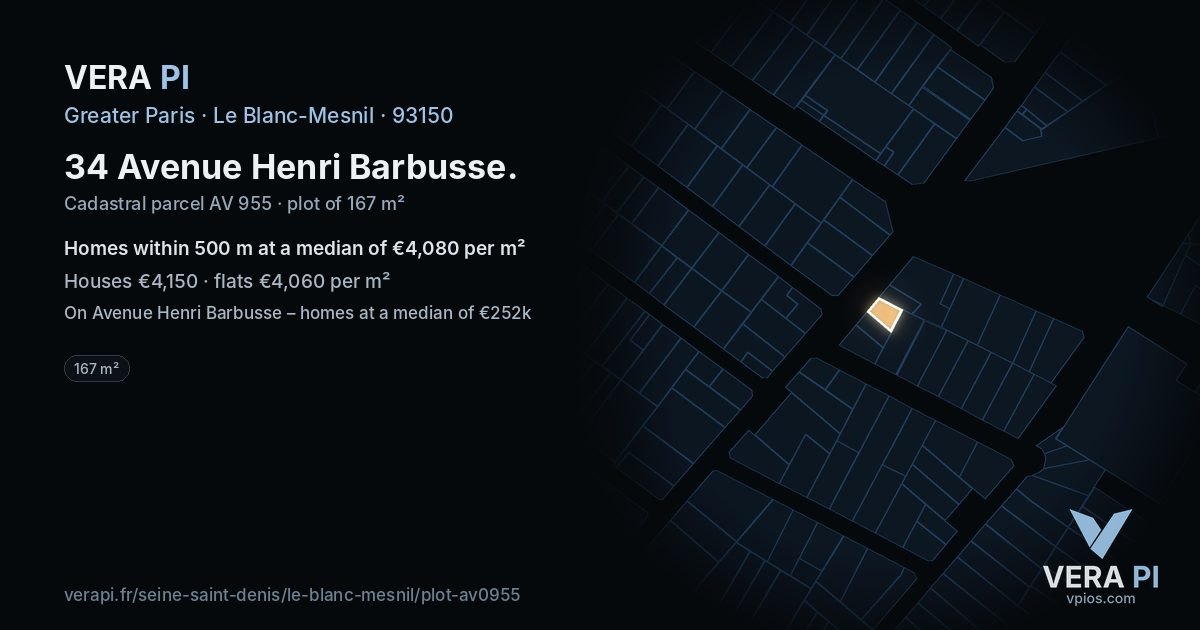 34 Avenue Henri Barbusse, Le Blanc-Mesnil at night – the plot lit, the parcels around coloured by the prices near them