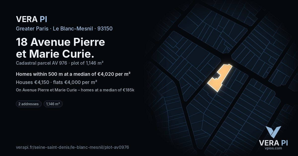 18 Avenue Pierre et Marie Curie, Le Blanc-Mesnil at night – the plot lit, the parcels around coloured by the prices near them