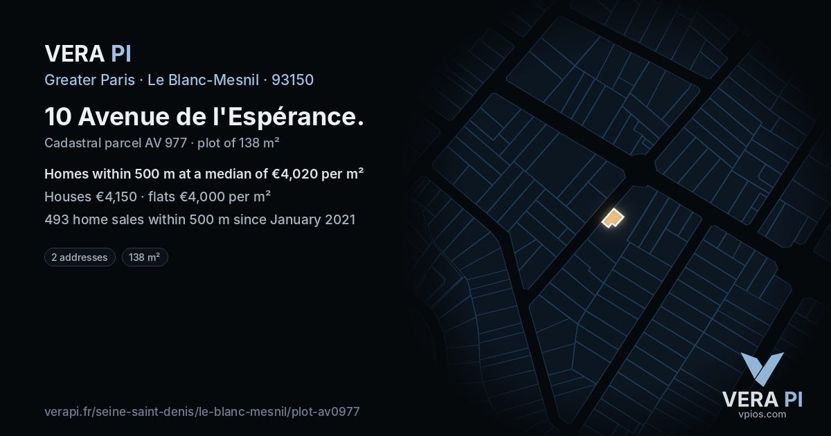 10 Avenue de l'Espérance, Le Blanc-Mesnil at night – the plot lit, the parcels around coloured by the prices near them
