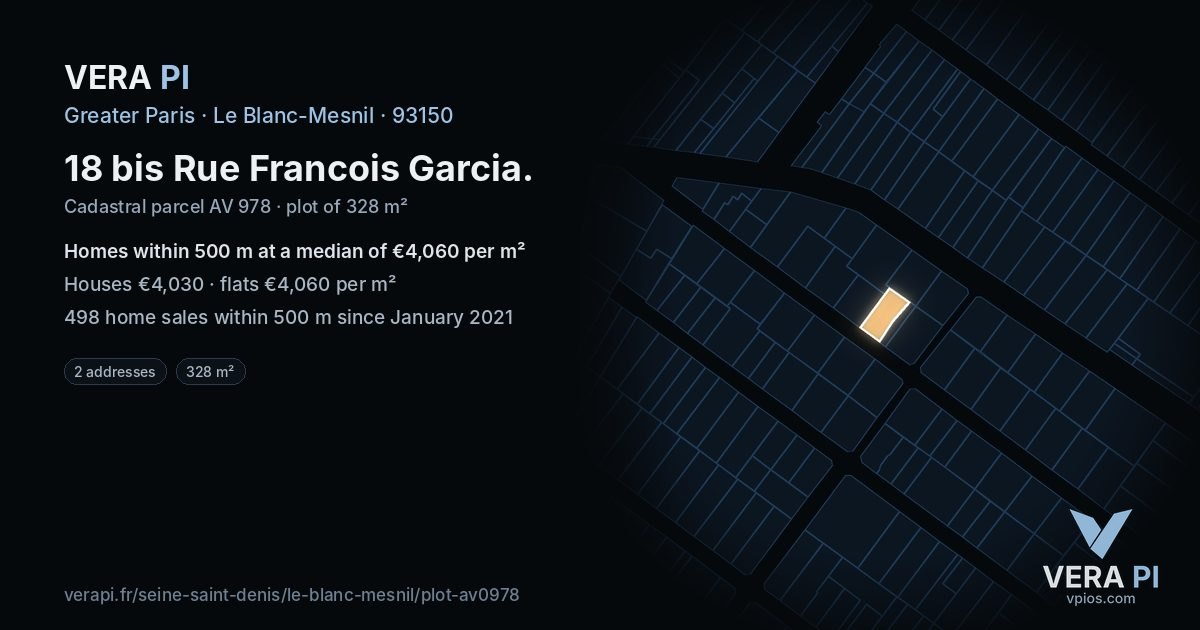 18 bis Rue Francois Garcia, Le Blanc-Mesnil at night – the plot lit, the parcels around coloured by the prices near them