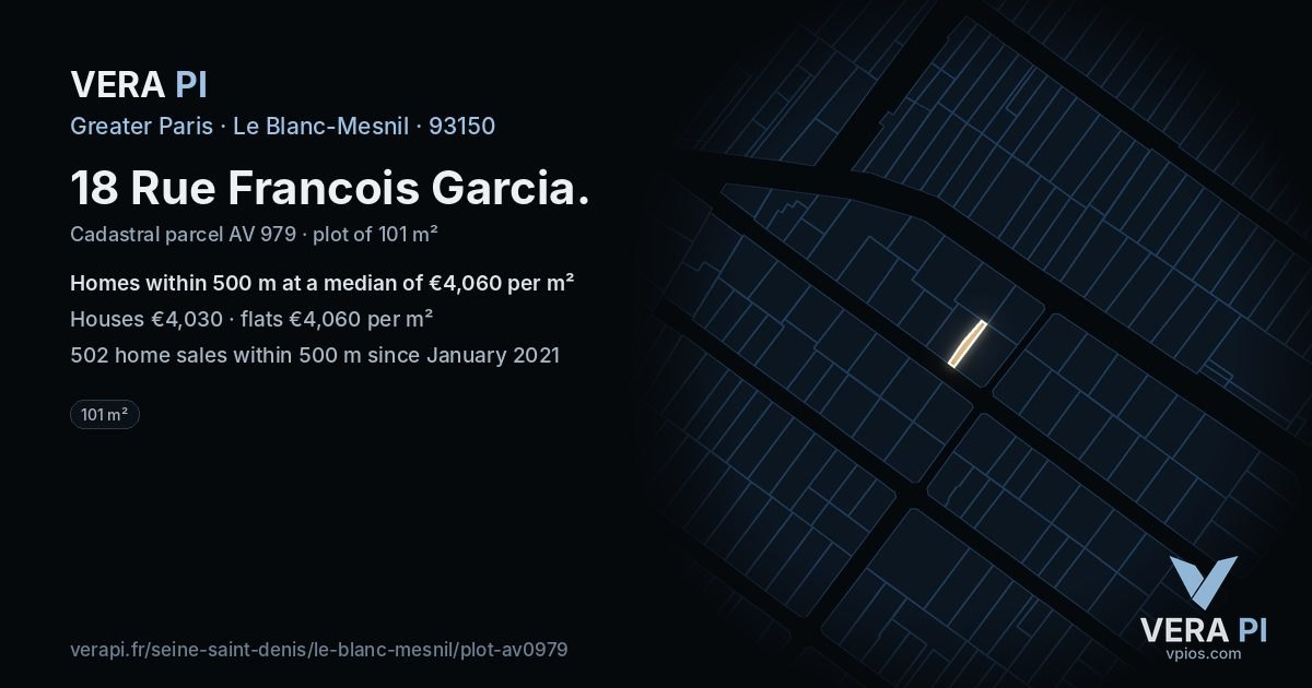 18 Rue Francois Garcia, Le Blanc-Mesnil at night – the plot lit, the parcels around coloured by the prices near them