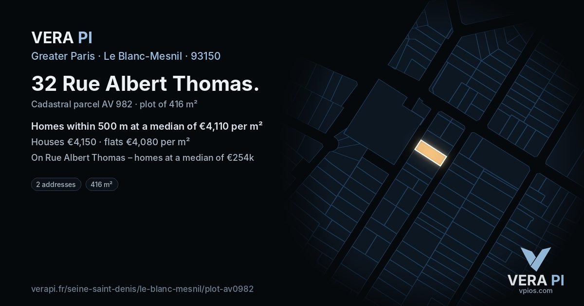 32 Rue Albert Thomas, Le Blanc-Mesnil at night – the plot lit, the parcels around coloured by the prices near them