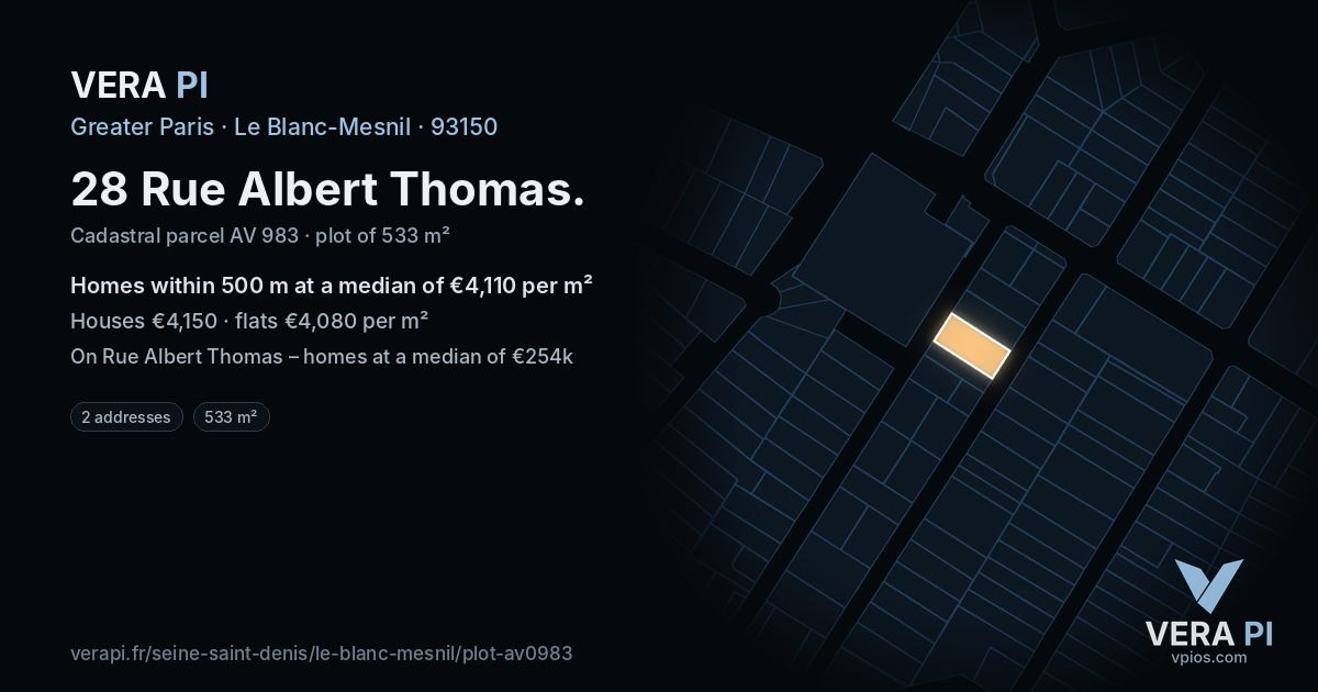 28 Rue Albert Thomas, Le Blanc-Mesnil at night – the plot lit, the parcels around coloured by the prices near them