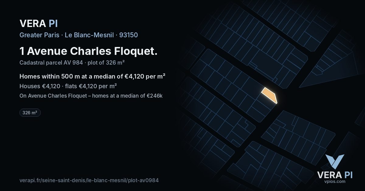 1 Avenue Charles Floquet, Le Blanc-Mesnil at night – the plot lit, the parcels around coloured by the prices near them