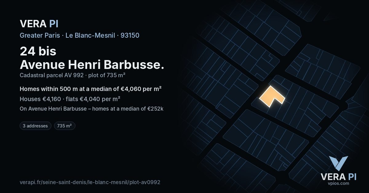 24 bis Avenue Henri Barbusse, Le Blanc-Mesnil at night – the plot lit, the parcels around coloured by the prices near them