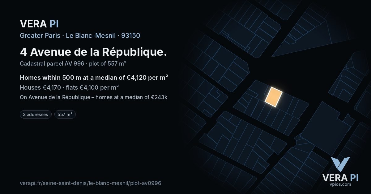 4 Avenue de la République, Le Blanc-Mesnil at night – the plot lit, the parcels around coloured by the prices near them