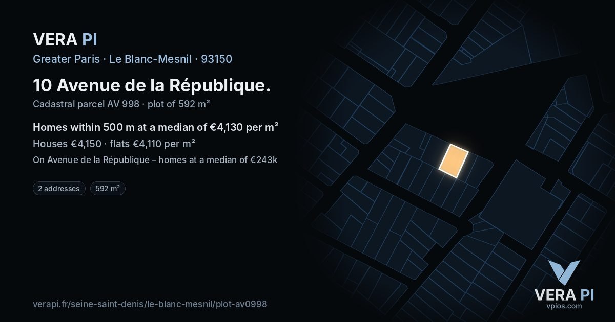 10 Avenue de la République, Le Blanc-Mesnil at night – the plot lit, the parcels around coloured by the prices near them