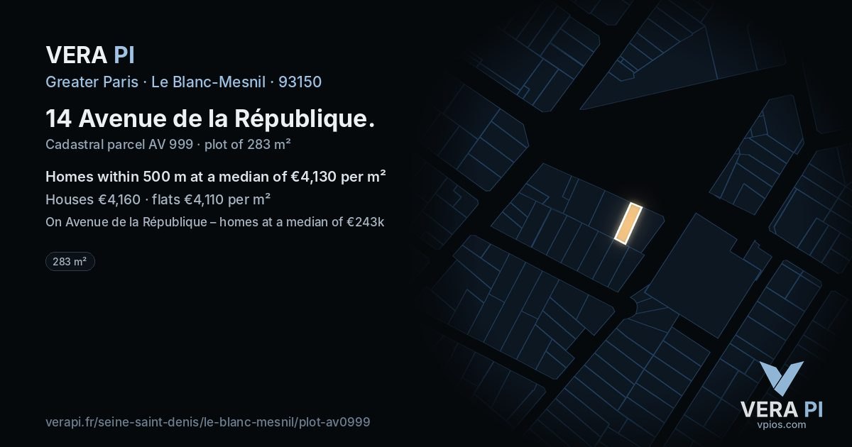 14 Avenue de la République, Le Blanc-Mesnil at night – the plot lit, the parcels around coloured by the prices near them