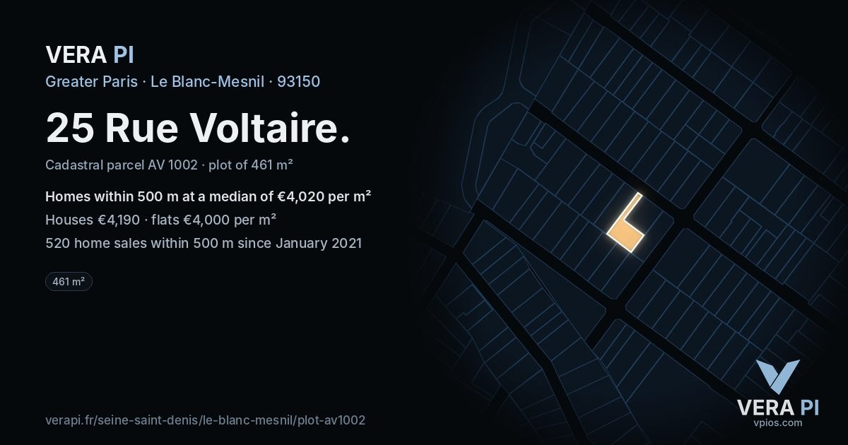 25 Rue Voltaire, Le Blanc-Mesnil at night – the plot lit, the parcels around coloured by the prices near them