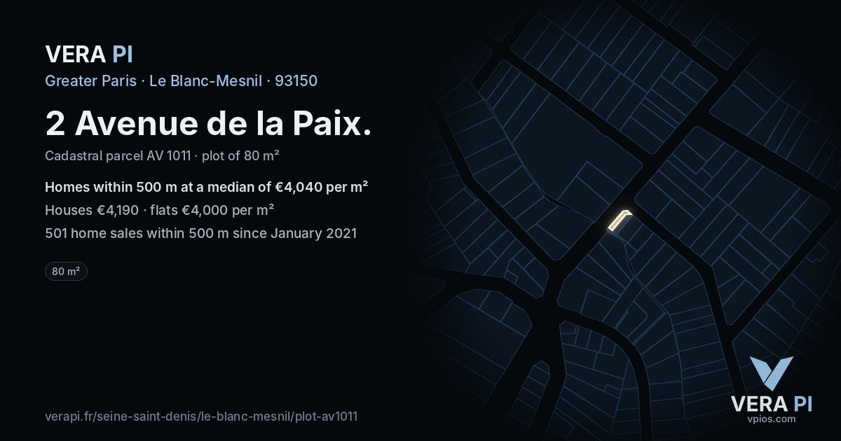2 Avenue de la Paix, Le Blanc-Mesnil at night – the plot lit, the parcels around coloured by the prices near them