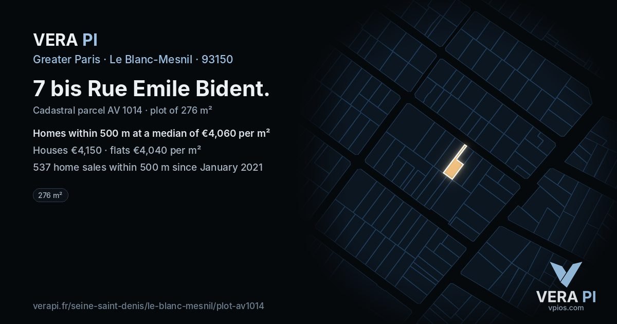 7 bis Rue Emile Bident, Le Blanc-Mesnil at night – the plot lit, the parcels around coloured by the prices near them