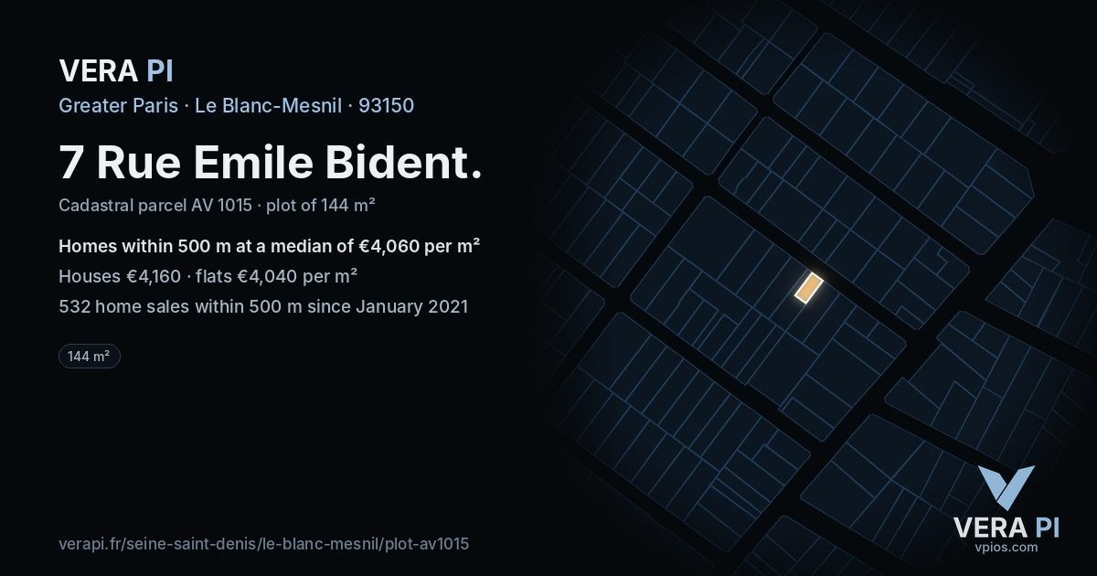 7 Rue Emile Bident, Le Blanc-Mesnil at night – the plot lit, the parcels around coloured by the prices near them