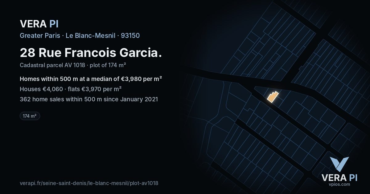 28 Rue Francois Garcia, Le Blanc-Mesnil at night – the plot lit, the parcels around coloured by the prices near them