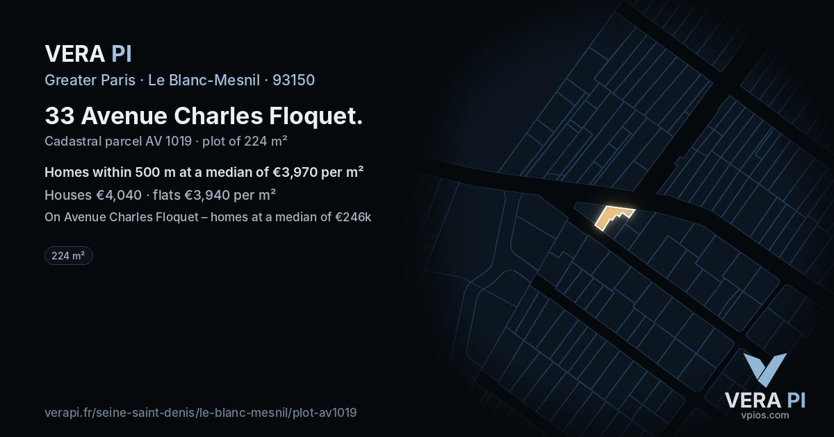 33 Avenue Charles Floquet, Le Blanc-Mesnil at night – the plot lit, the parcels around coloured by the prices near them