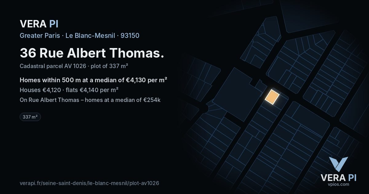 36 Rue Albert Thomas, Le Blanc-Mesnil at night – the plot lit, the parcels around coloured by the prices near them