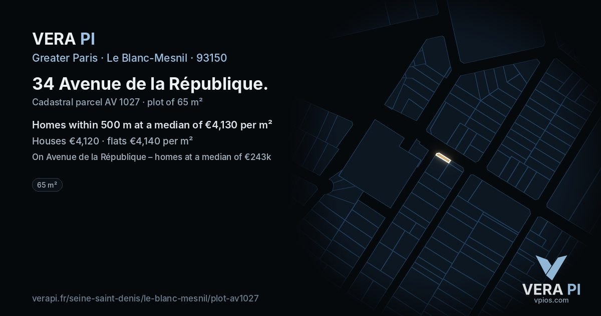 34 Avenue de la République, Le Blanc-Mesnil at night – the plot lit, the parcels around coloured by the prices near them