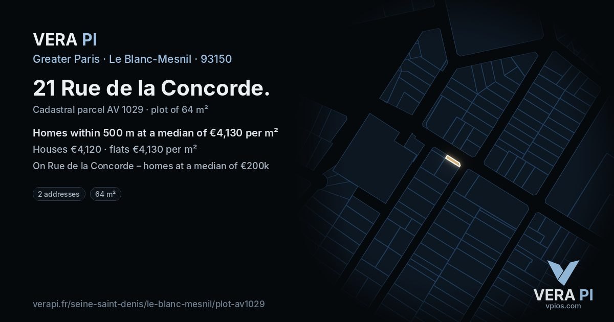 21 Rue de la Concorde, Le Blanc-Mesnil at night – the plot lit, the parcels around coloured by the prices near them