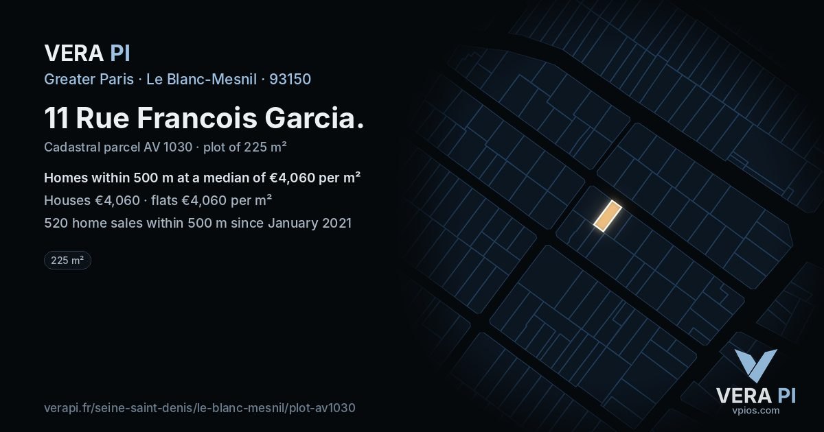 11 Rue Francois Garcia, Le Blanc-Mesnil at night – the plot lit, the parcels around coloured by the prices near them