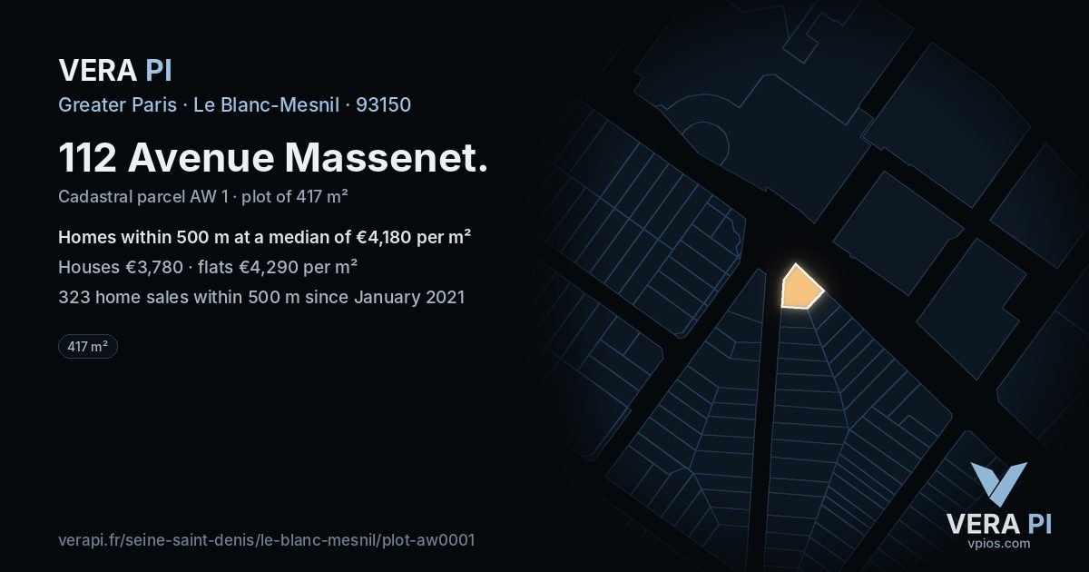 112 Avenue Massenet, Le Blanc-Mesnil at night – the plot lit, the parcels around coloured by the prices near them