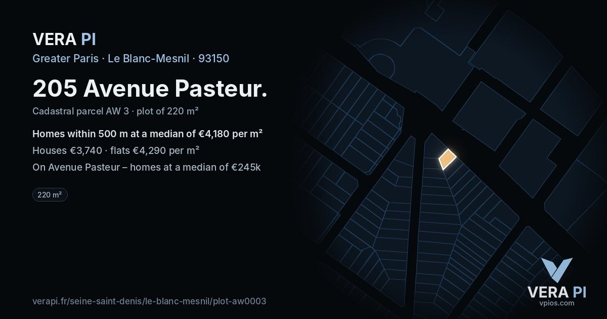 205 Avenue Pasteur, Le Blanc-Mesnil at night – the plot lit, the parcels around coloured by the prices near them