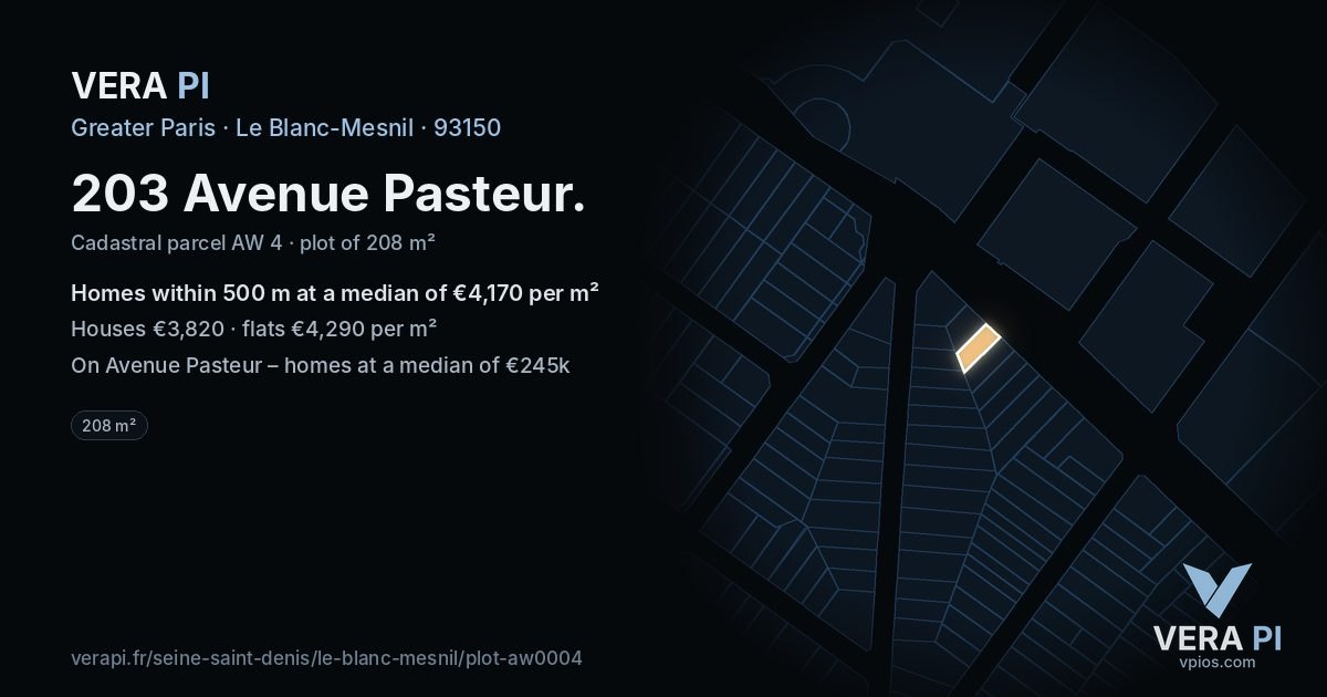 203 Avenue Pasteur, Le Blanc-Mesnil at night – the plot lit, the parcels around coloured by the prices near them