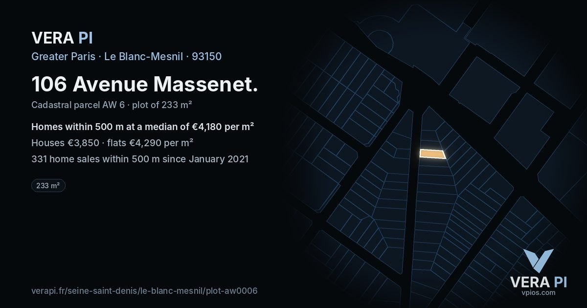 106 Avenue Massenet, Le Blanc-Mesnil at night – the plot lit, the parcels around coloured by the prices near them