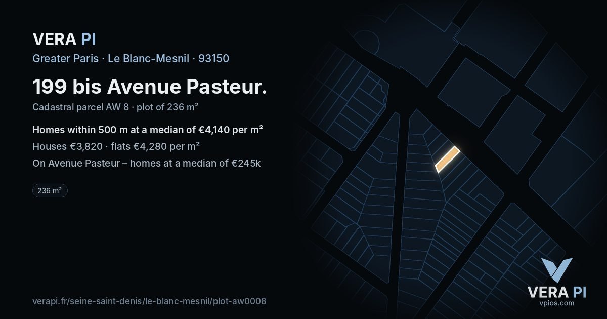 199 bis Avenue Pasteur, Le Blanc-Mesnil at night – the plot lit, the parcels around coloured by the prices near them